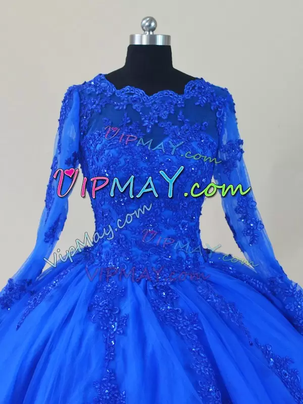 Super Tulle Scalloped Long Sleeves Zipper Lace and Appliques Sweet 16 Dress in Royal Blue