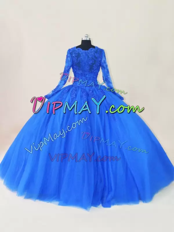 Super Tulle Scalloped Long Sleeves Zipper Lace and Appliques Sweet 16 Dress in Royal Blue