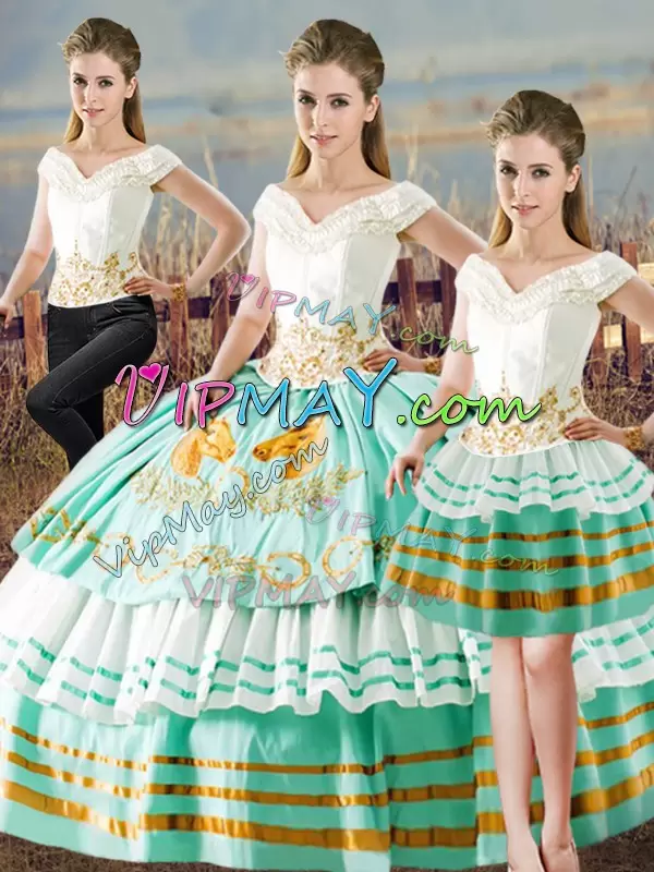 Elegant Three Pieces Sweet 16 Dresses Apple Green V-neck Satin Sleeveless Floor Length Lace Up