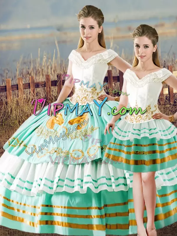 Elegant Three Pieces Sweet 16 Dresses Apple Green V-neck Satin Sleeveless Floor Length Lace Up