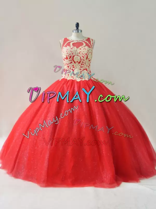 Scoop Sleeveless Lace Up Quince Ball Gowns Red Tulle Beading