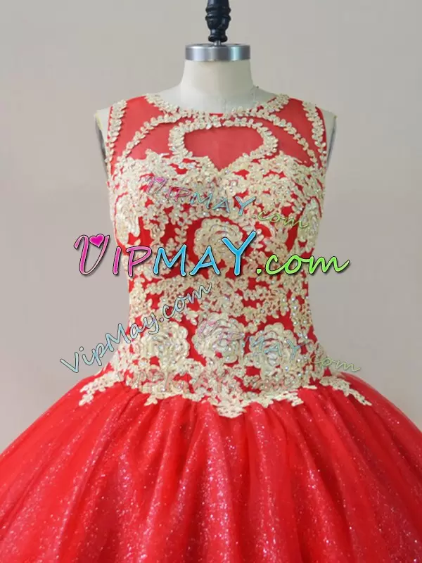 Scoop Sleeveless Lace Up Quince Ball Gowns Red Tulle Beading