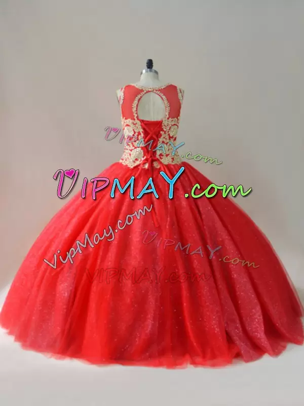 Scoop Sleeveless Lace Up Quince Ball Gowns Red Tulle Beading