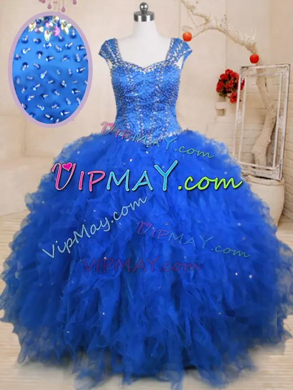 Blue Ball Gowns Tulle Straps Cap Sleeves Beading and Ruffles Floor Length Lace Up Ball Gown Prom Dress