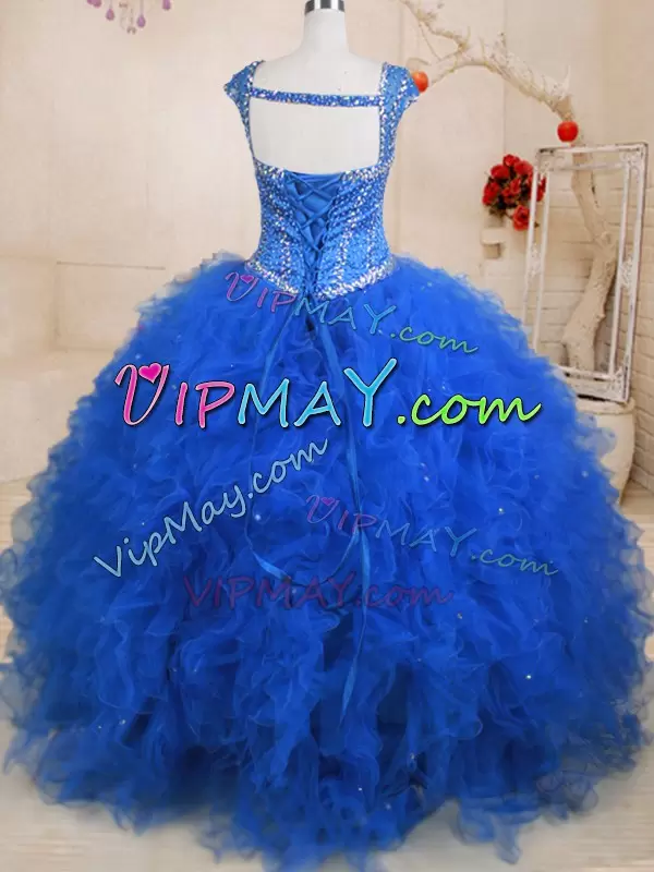Blue Ball Gowns Tulle Straps Cap Sleeves Beading and Ruffles Floor Length Lace Up Ball Gown Prom Dress