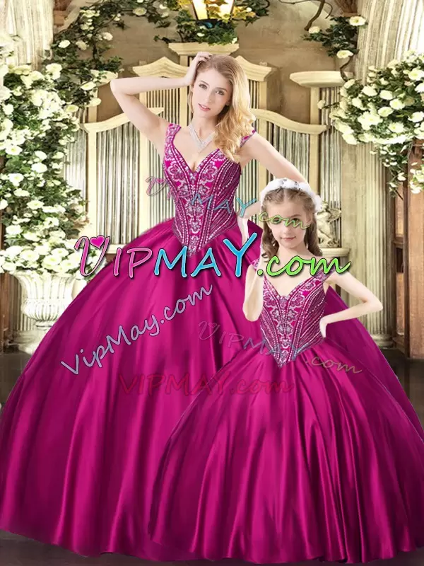 Fuchsia Sleeveless Organza Lace Up Ball Gown Prom Dress for Military Ball and Sweet 16 and Quinceanera