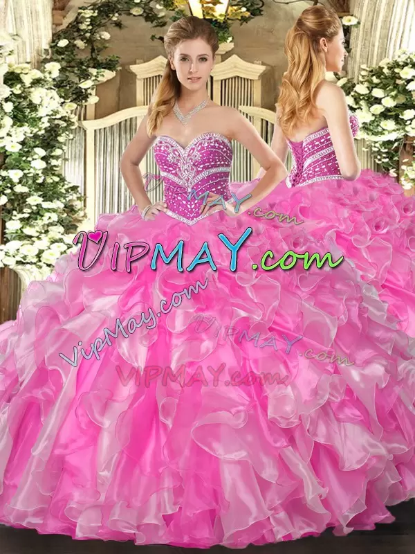 Rose Pink Sleeveless Organza Lace Up Quinceanera Gown for Military Ball and Sweet 16 and Quinceanera