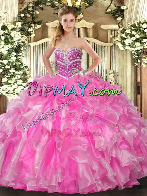 Rose Pink Sleeveless Organza Lace Up Quinceanera Gown for Military Ball and Sweet 16 and Quinceanera