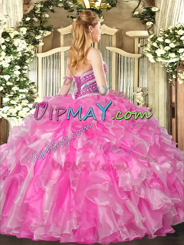 Rose Pink Sleeveless Organza Lace Up Quinceanera Gown for Military Ball and Sweet 16 and Quinceanera