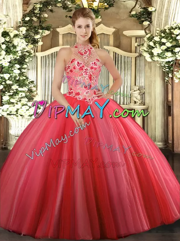 Custom Designed Floor Length Coral Red Ball Gown Prom Dress Tulle Sleeveless Embroidery