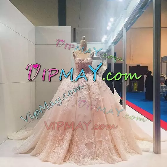 Pink Sleeveless Scoop Long Train Appliques Lace Up Quinceanera Gown