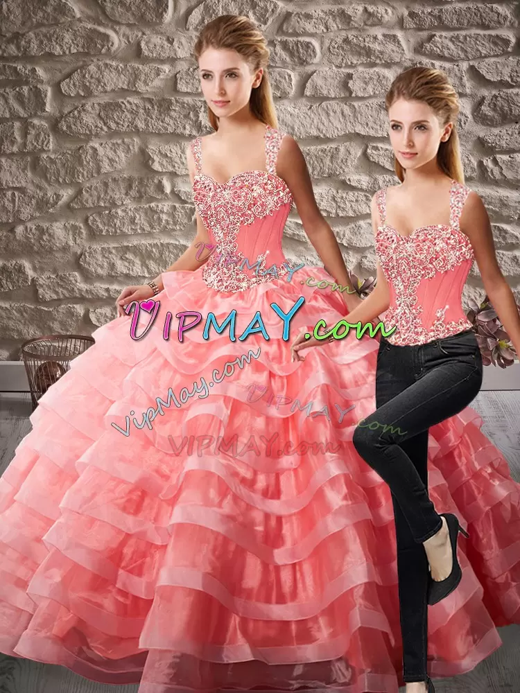 Beautiful Court Train Ball Gowns Quince Ball Gowns Watermelon Red Straps Organza Sleeveless Lace Up