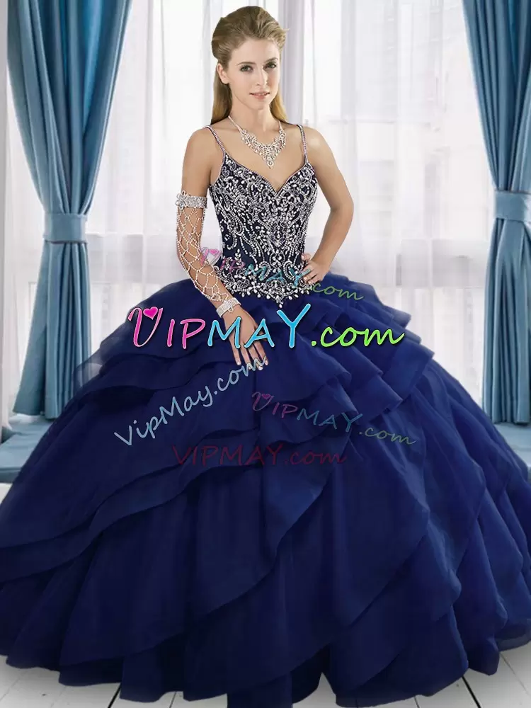 Navy Blue Ball Gown Prom Dress Military Ball and Sweet 16 and Quinceanera with Beading and Ruffled Layers Straps Sleeveless Lace Up