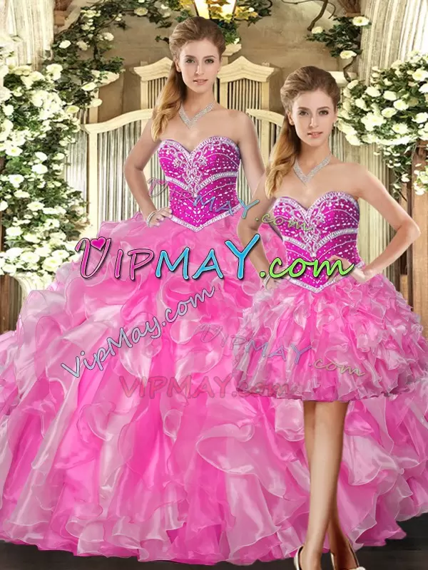 Superior Ball Gowns Quinceanera Gown Rose Pink Sweetheart Organza Sleeveless Floor Length Lace Up