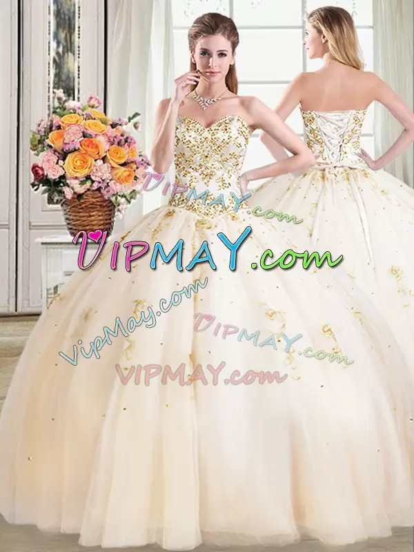 Affordable Champagne Lace Up Sweet 16 Dresses Beading Sleeveless Floor Length