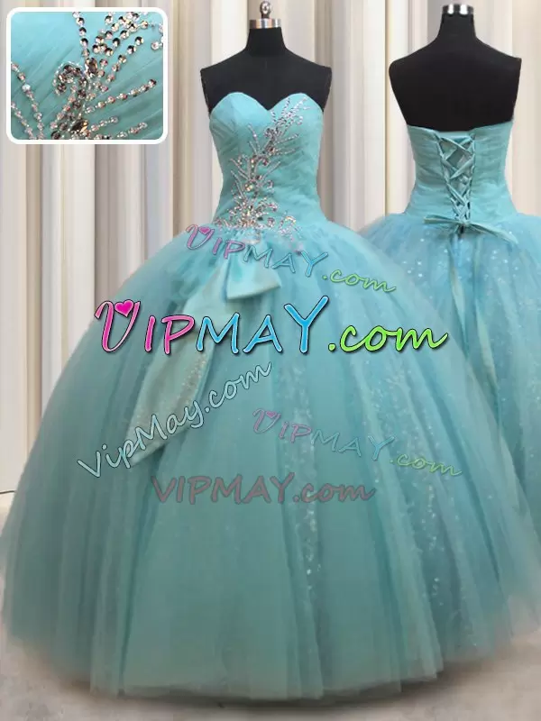 Deluxe Aqua Blue Sleeveless Tulle Lace Up Vestidos de Quinceanera for Military Ball and Sweet 16 and Quinceanera