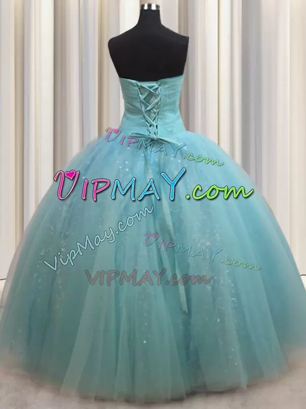 Deluxe Aqua Blue Sleeveless Tulle Lace Up Vestidos de Quinceanera for Military Ball and Sweet 16 and Quinceanera