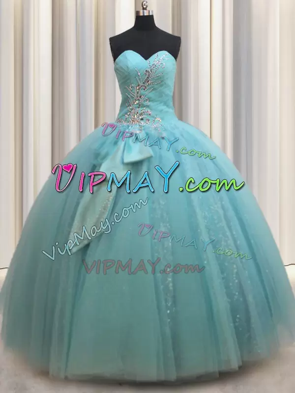 Deluxe Aqua Blue Sleeveless Tulle Lace Up Vestidos de Quinceanera for Military Ball and Sweet 16 and Quinceanera