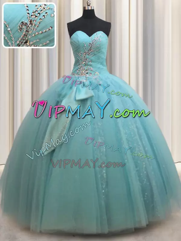 Deluxe Aqua Blue Sleeveless Tulle Lace Up Vestidos de Quinceanera for Military Ball and Sweet 16 and Quinceanera