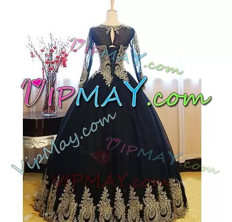 Scalloped Long Sleeves Vestidos de Quinceanera Floor Length Embroidery Black and Gold Tulle