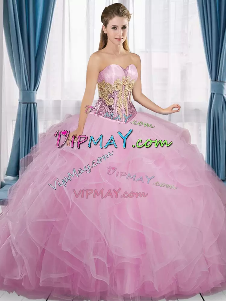 Dynamic Rose Pink Lace Up Quinceanera Gowns Beading and Ruffles Sleeveless Floor Length
