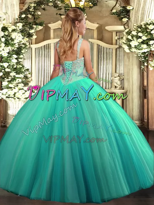 Turquoise Ball Gowns Beading Quinceanera Gowns Lace Up Tulle Sleeveless Floor Length