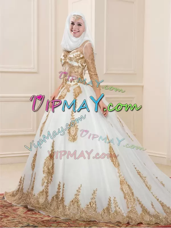 White Quinceanera Dress Military Ball and Sweet 16 and Quinceanera with Appliques V-neck 3 4 Length Sleeve Sweep Train Zipper