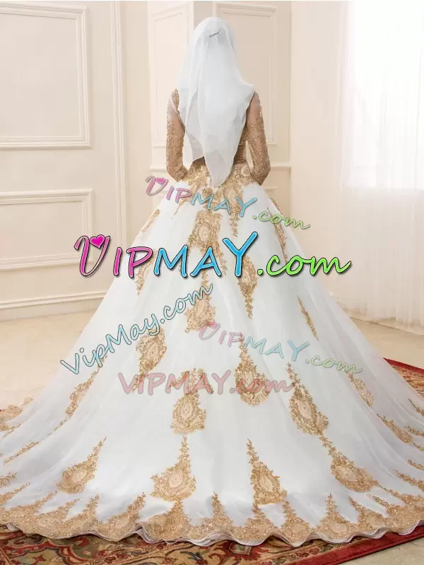 White Quinceanera Dress Military Ball and Sweet 16 and Quinceanera with Appliques V-neck 3 4 Length Sleeve Sweep Train Zipper