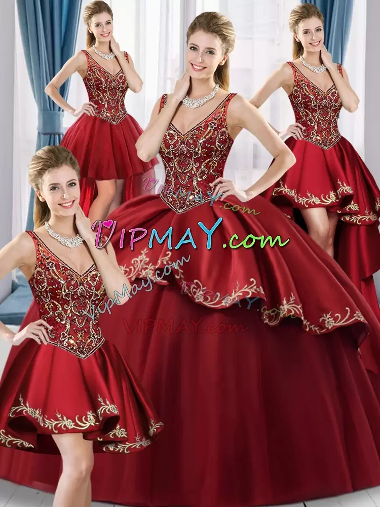 Wine Red V-neck Neckline Beading and Embroidery Quinceanera Dress Sleeveless Lace Up