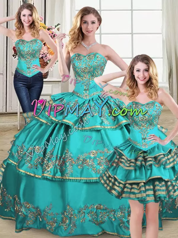 Sumptuous Aqua Blue Lace Up Sweetheart Embroidery and Ruffled Layers 15 Quinceanera Dress Organza Sleeveless