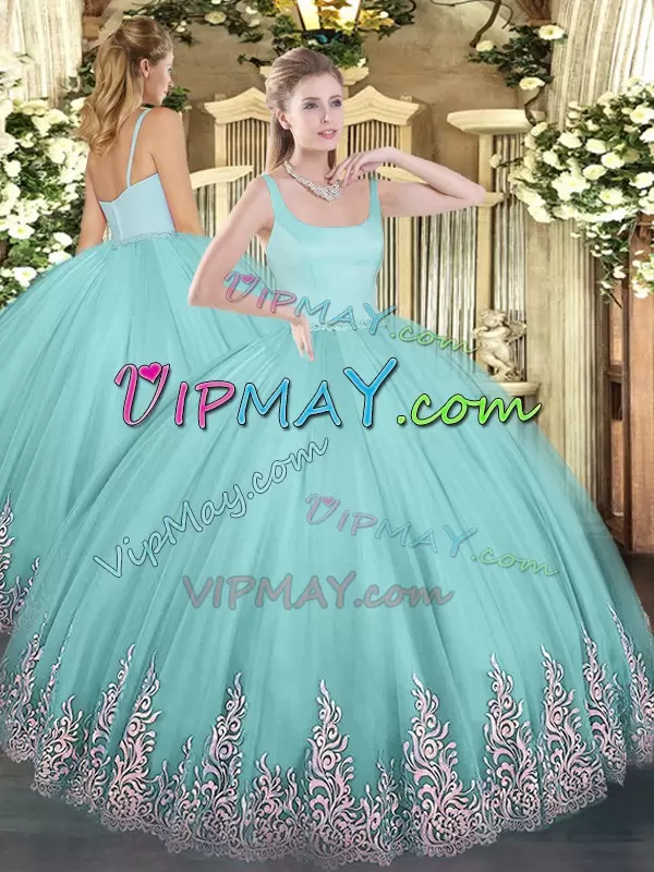 High End Floor Length Zipper Quinceanera Gown Aqua Blue for Military Ball and Sweet 16 and Quinceanera with Appliques