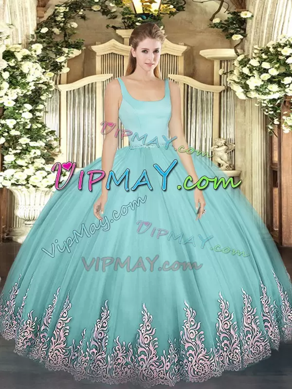 High End Floor Length Zipper Quinceanera Gown Aqua Blue for Military Ball and Sweet 16 and Quinceanera with Appliques