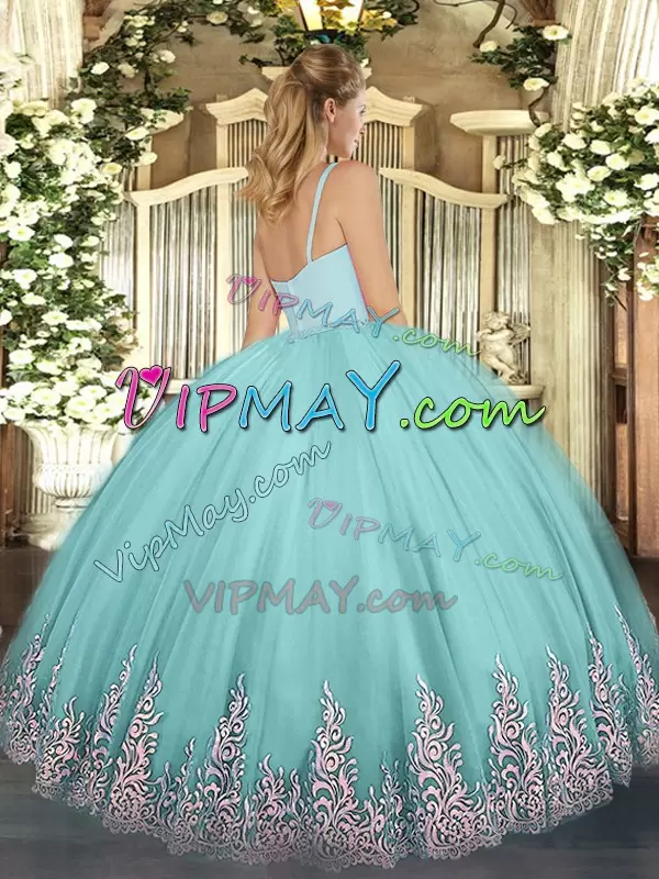 High End Floor Length Zipper Quinceanera Gown Aqua Blue for Military Ball and Sweet 16 and Quinceanera with Appliques