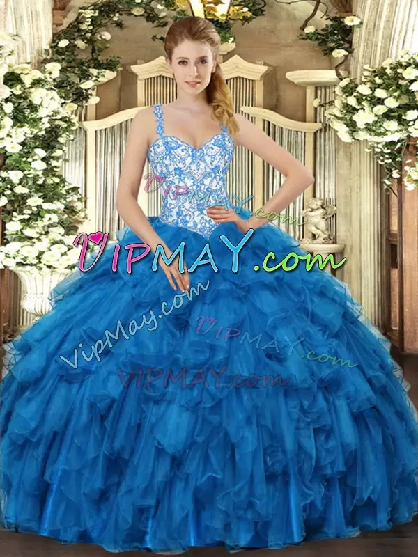 Gorgeous Blue Sleeveless Floor Length Beading and Ruffles Lace Up Vestidos de Quinceanera Straps