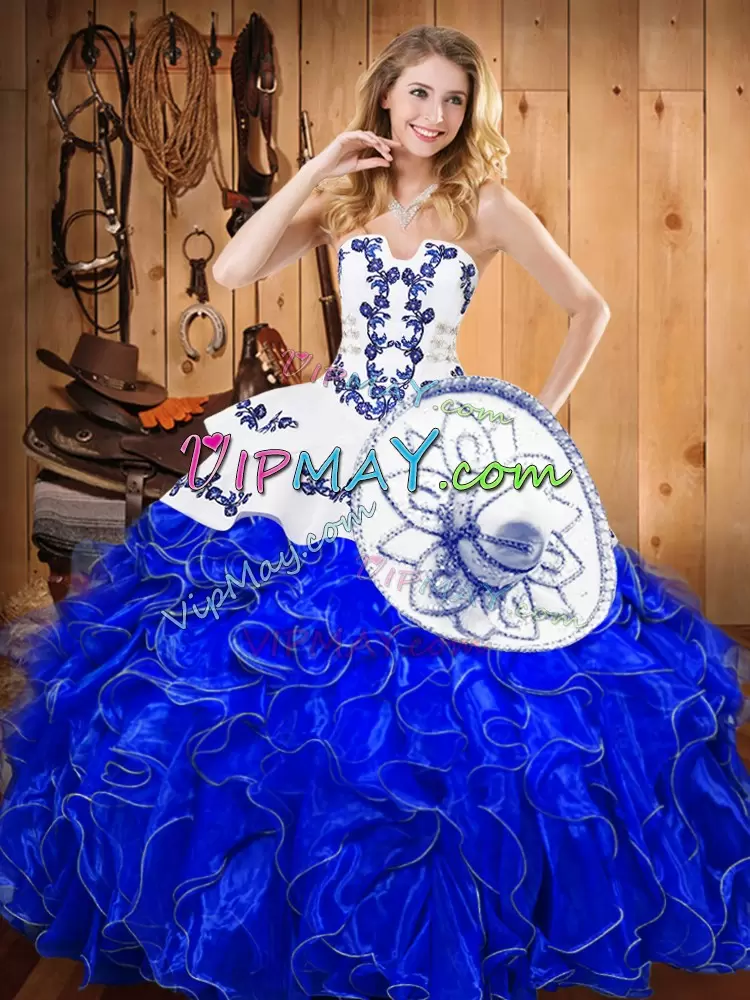 Custom Designed Satin and Organza Strapless Sleeveless Lace Up Embroidery and Ruffles 15th Birthday Dress in Blue And White