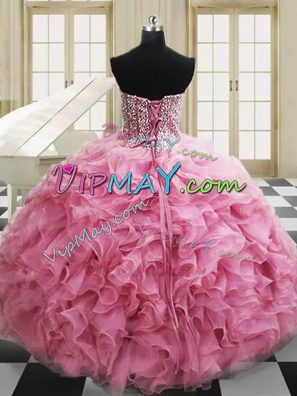 Rose Pink Sweetheart Neckline Beading and Ruffles Sweet 16 Dress Sleeveless Lace Up