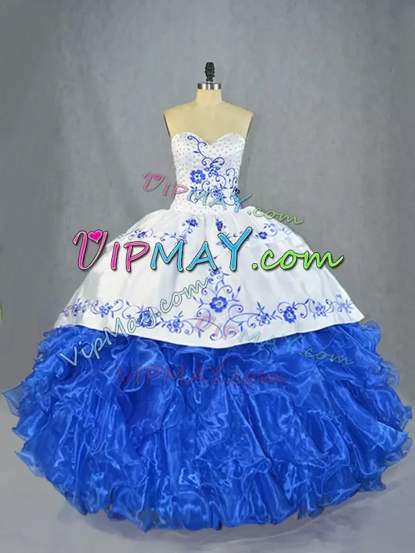 Blue And White Ball Gown Prom Dress Sweetheart Sleeveless Brush Train Lace Up