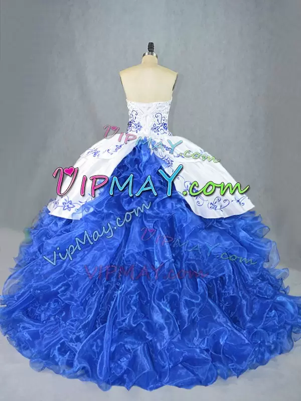 Blue And White Ball Gown Prom Dress Sweetheart Sleeveless Brush Train Lace Up