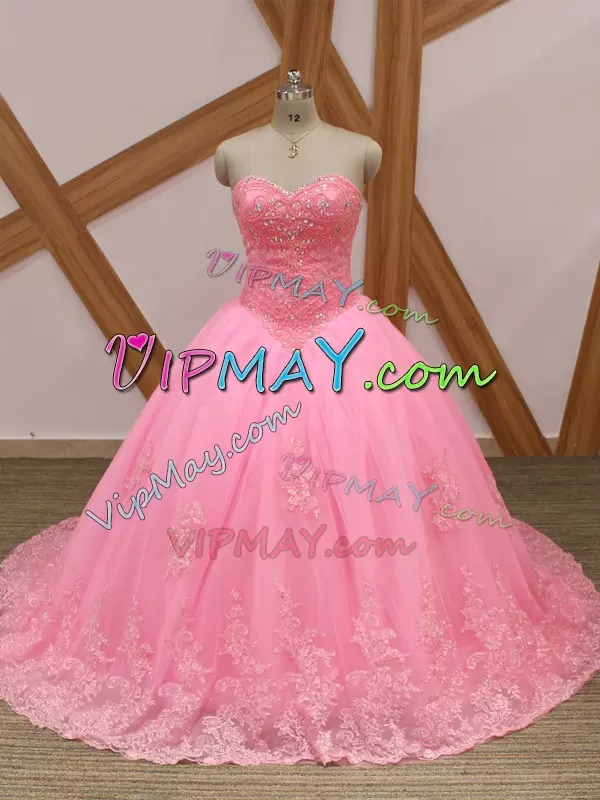 Glamorous Rose Pink Lace Up Sweetheart Beading and Lace 15 Quinceanera Dress Tulle Sleeveless Brush Train