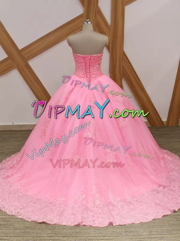 Glamorous Rose Pink Lace Up Sweetheart Beading and Lace 15 Quinceanera Dress Tulle Sleeveless Brush Train