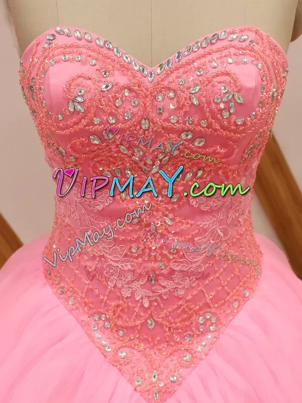 Glamorous Rose Pink Lace Up Sweetheart Beading and Lace 15 Quinceanera Dress Tulle Sleeveless Brush Train