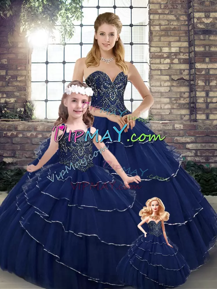 Best Selling Navy Blue Quince Ball Gowns Military Ball and Sweet 16 and Quinceanera with Beading and Ruffled Layers Sweetheart Sleeveless Brush Train Lace Up