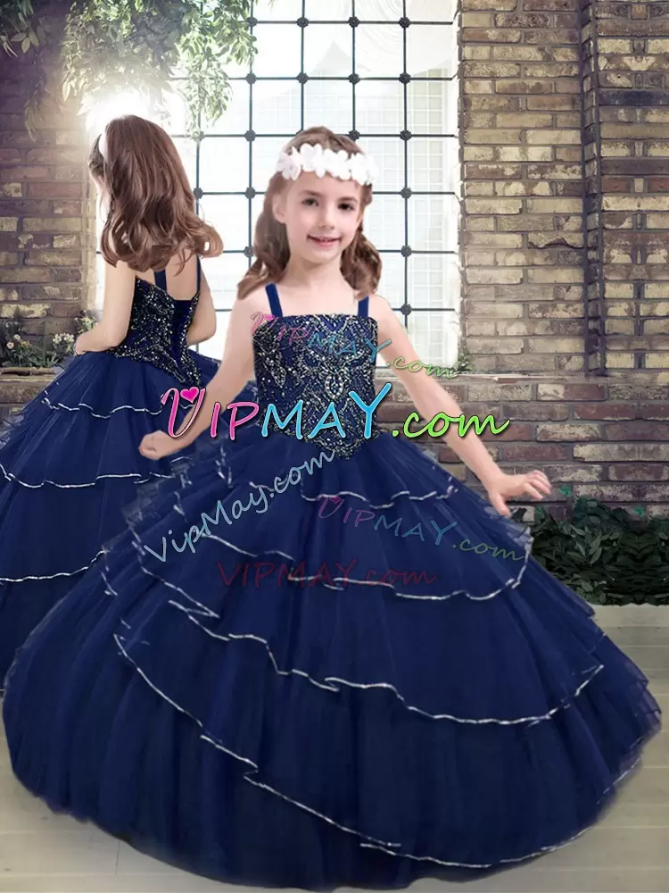 Best Selling Navy Blue Quince Ball Gowns Military Ball and Sweet 16 and Quinceanera with Beading and Ruffled Layers Sweetheart Sleeveless Brush Train Lace Up