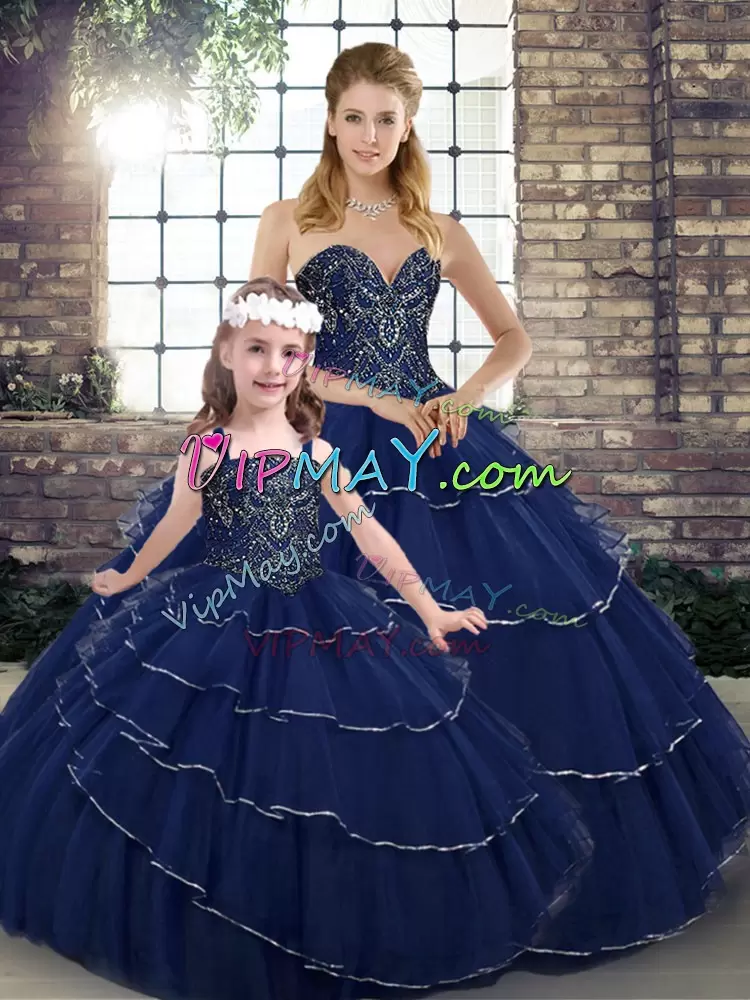 Best Selling Navy Blue Quince Ball Gowns Military Ball and Sweet 16 and Quinceanera with Beading and Ruffled Layers Sweetheart Sleeveless Brush Train Lace Up