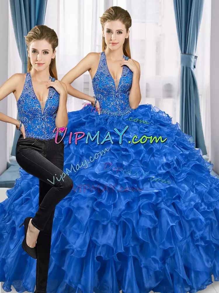 Two Pieces Quinceanera Gowns Royal Blue Halter Top Organza Sleeveless Floor Length Lace Up