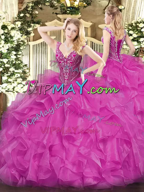 Beading and Ruffles Sweet 16 Dresses Fuchsia Lace Up Long Sleeves Floor Length