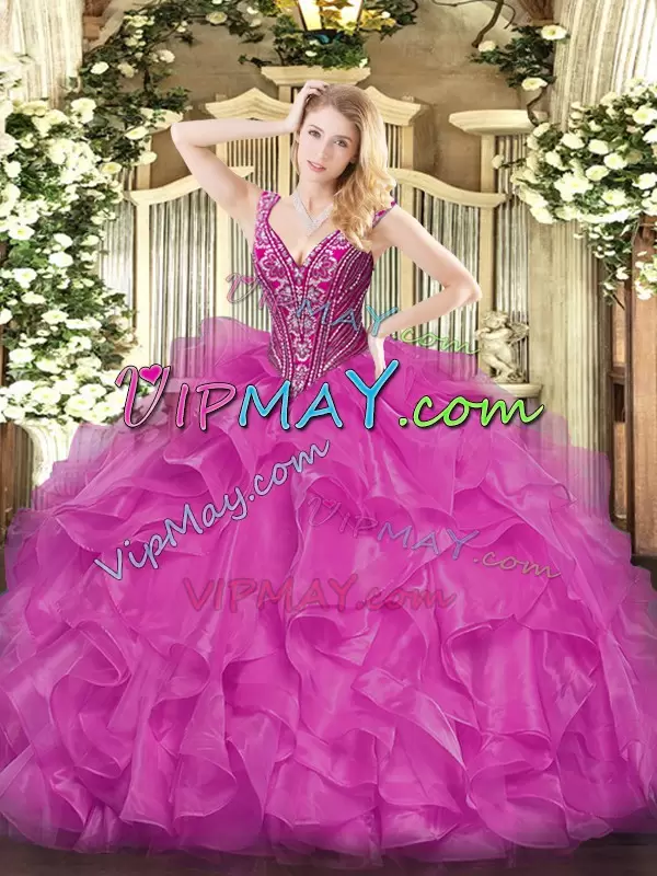 Beading and Ruffles Sweet 16 Dresses Fuchsia Lace Up Long Sleeves Floor Length