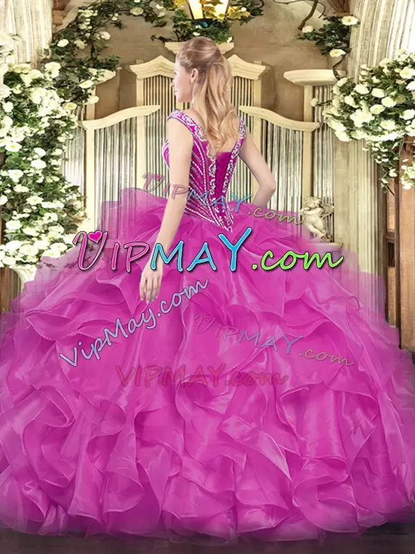 Beading and Ruffles Sweet 16 Dresses Fuchsia Lace Up Long Sleeves Floor Length