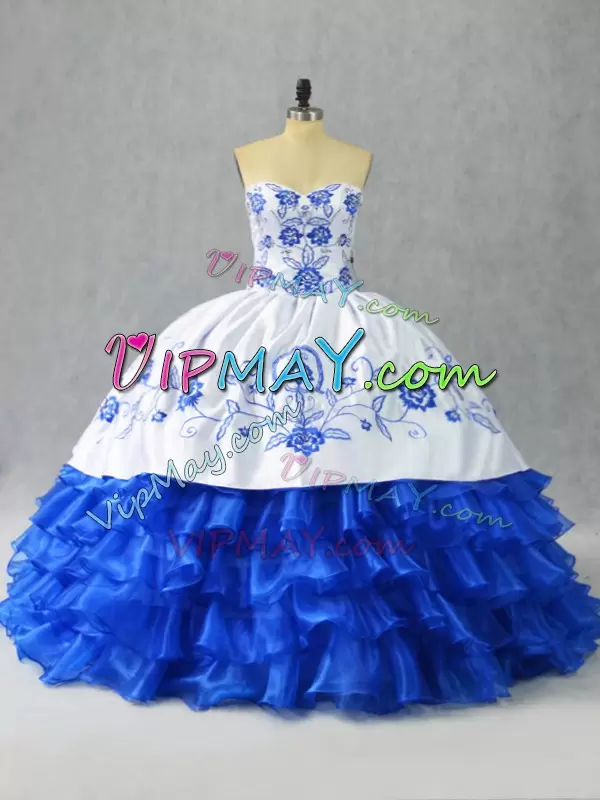 Custom Design Floor Length Blue And White Sweet 16 Quinceanera Dress Satin and Organza Sleeveless Embroidery and Ruffled Layers