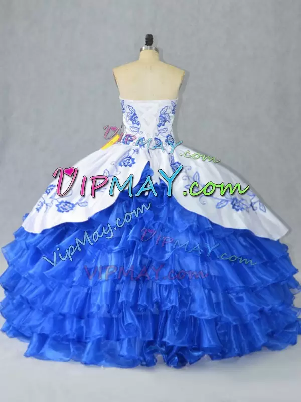 Custom Design Floor Length Blue And White Sweet 16 Quinceanera Dress Satin and Organza Sleeveless Embroidery and Ruffled Layers